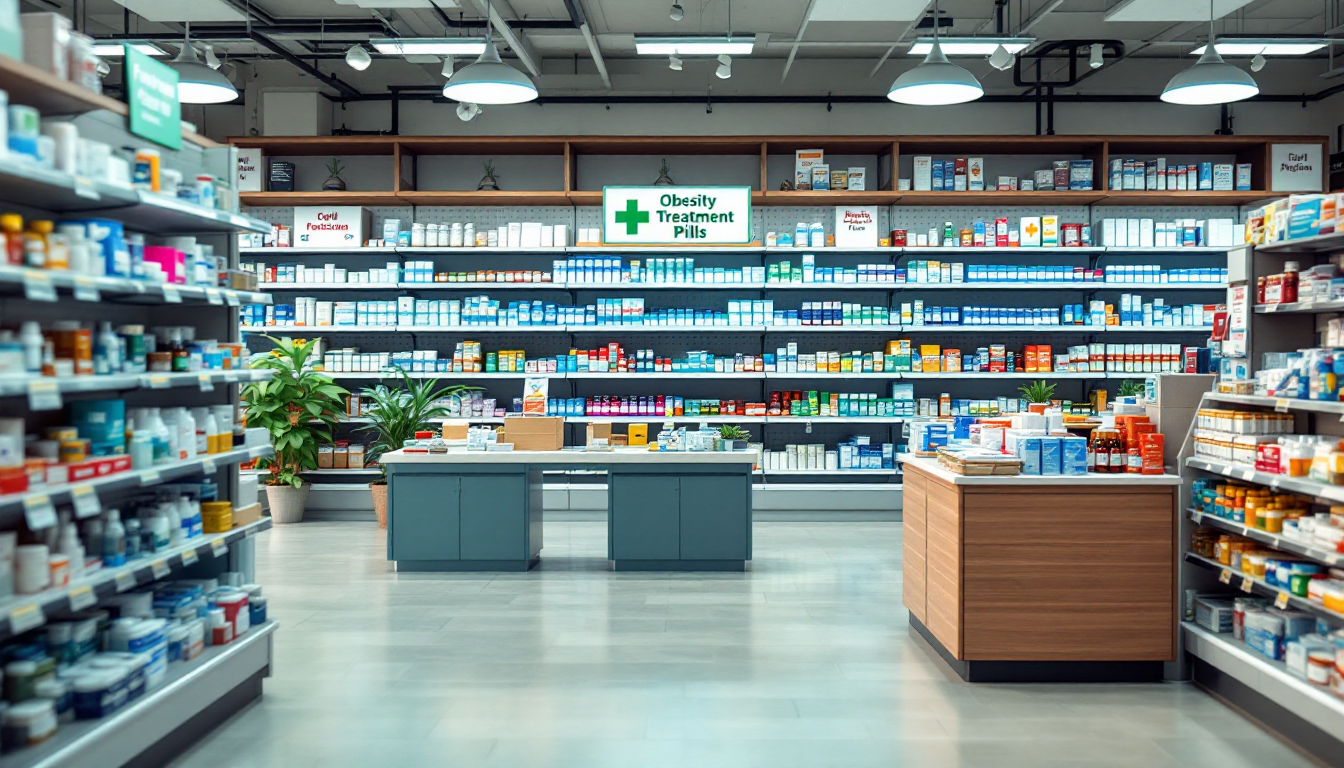 미국 대형 약국 매장 내부와 비만 치료 알약 진열 모습