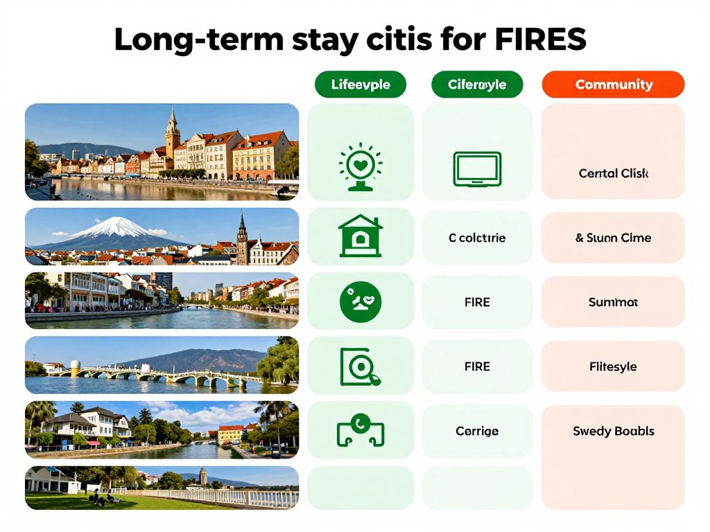 파이어족 장기 체류 도시 추천 리스트를 도시별 특징과 장단점 아이콘과 함께 보여주는 시각 자료