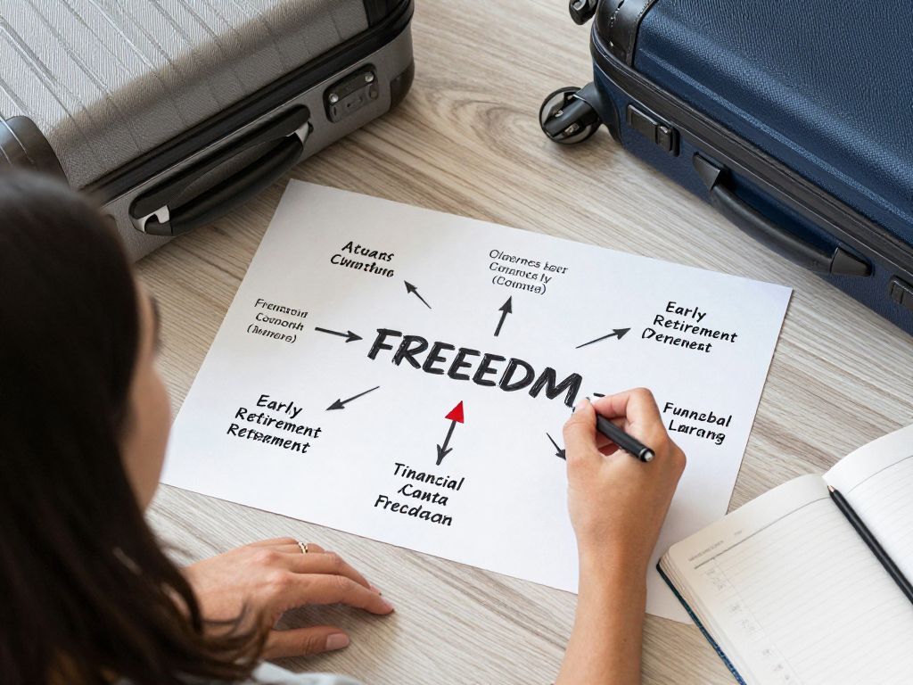 파이어족 로드맵을 계획하며 행복해하는 사람과 여행 가방, 예산 계획서 등이 있는 장면