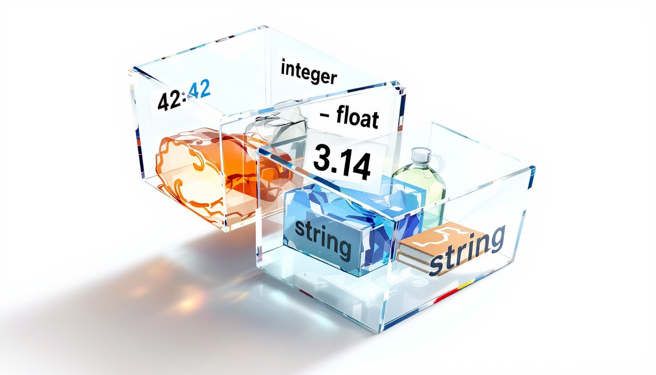 변수와 다양한 자료형(정수, 실수, 문자열, 불리언)을 박스에 담아 설명하는 이미지.
