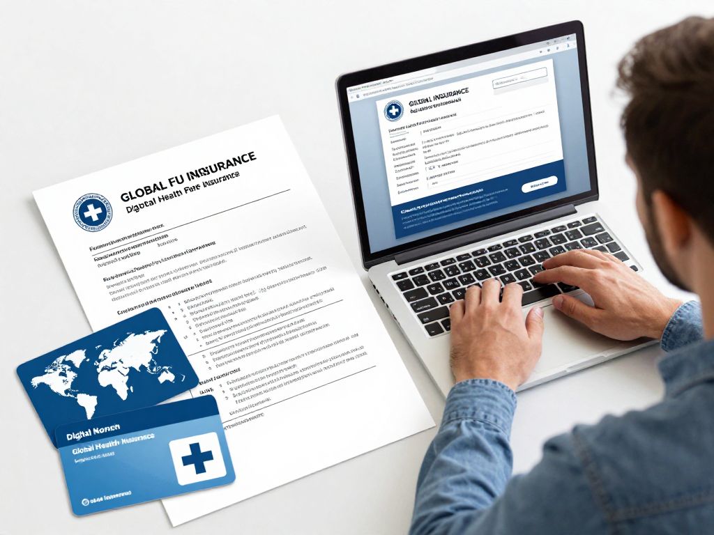 해외 체류를 위한 비자, 원격 근무, 국제 건강보험과 의료 준비를 상징하는 이미지