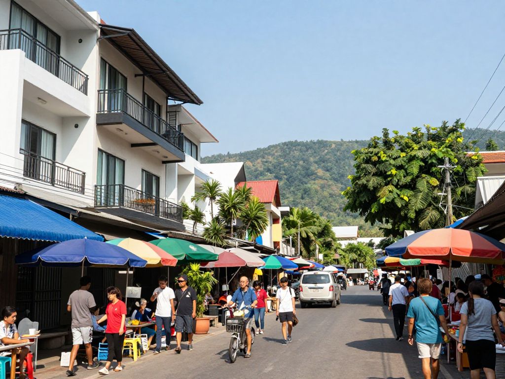 치앙마이의 현대적인 콘도와 현지 시장, 자연경관이 어우러진 디지털 노마드 커뮤니티 풍경