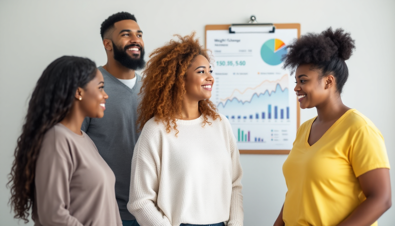 위고비 중단 후 체중 변화와 건강 지표 변화를 보여주는 의료 차트와 다양한 사람들의 모습