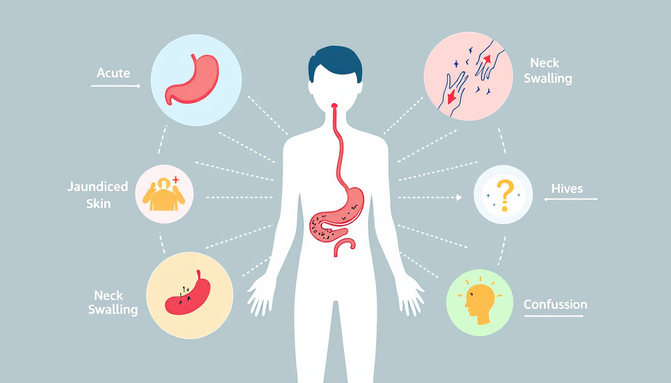급성 췌장염, 담낭 질환, 갑상선 종양, 알레르기 반응 등 긴급 부작용을 경고하는 의료 일러스트