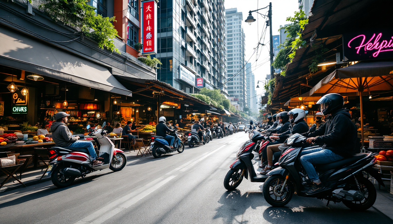치앙마이의 현대적인 콘도와 전통 시장이 어우러진 거리 풍경