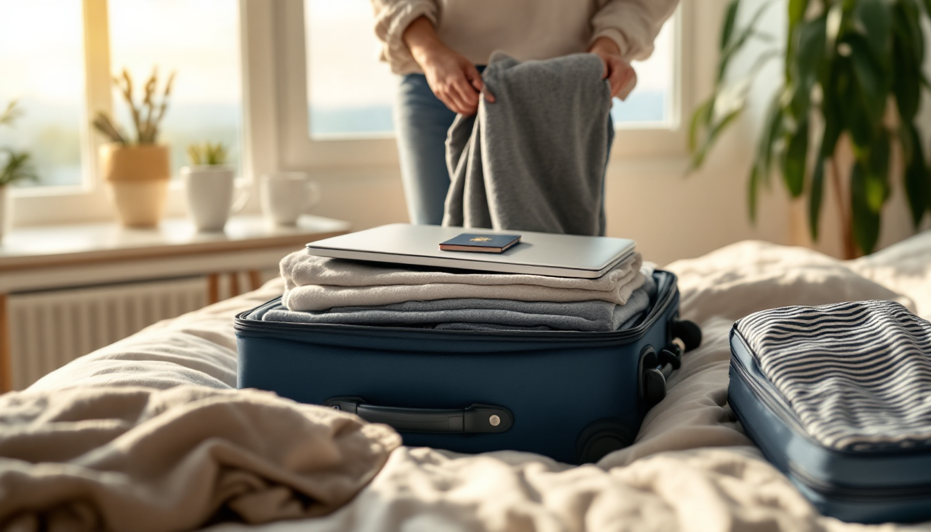 여행 준비를 하는 사람과 여행 필수품들이 깔끔하게 정리된 모습