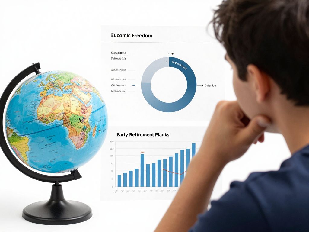 경제적 자유와 조기 은퇴 계획을 상징하는 지구본과 금융 차트를 바라보는 사람