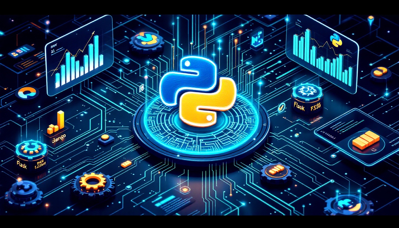 2025년 파이썬이 AI, 데이터 분석, 웹 개발, 업무 자동화 등 다양한 기술을 연결하는 중심 역할을 하는 모습을 표현한 이미지.