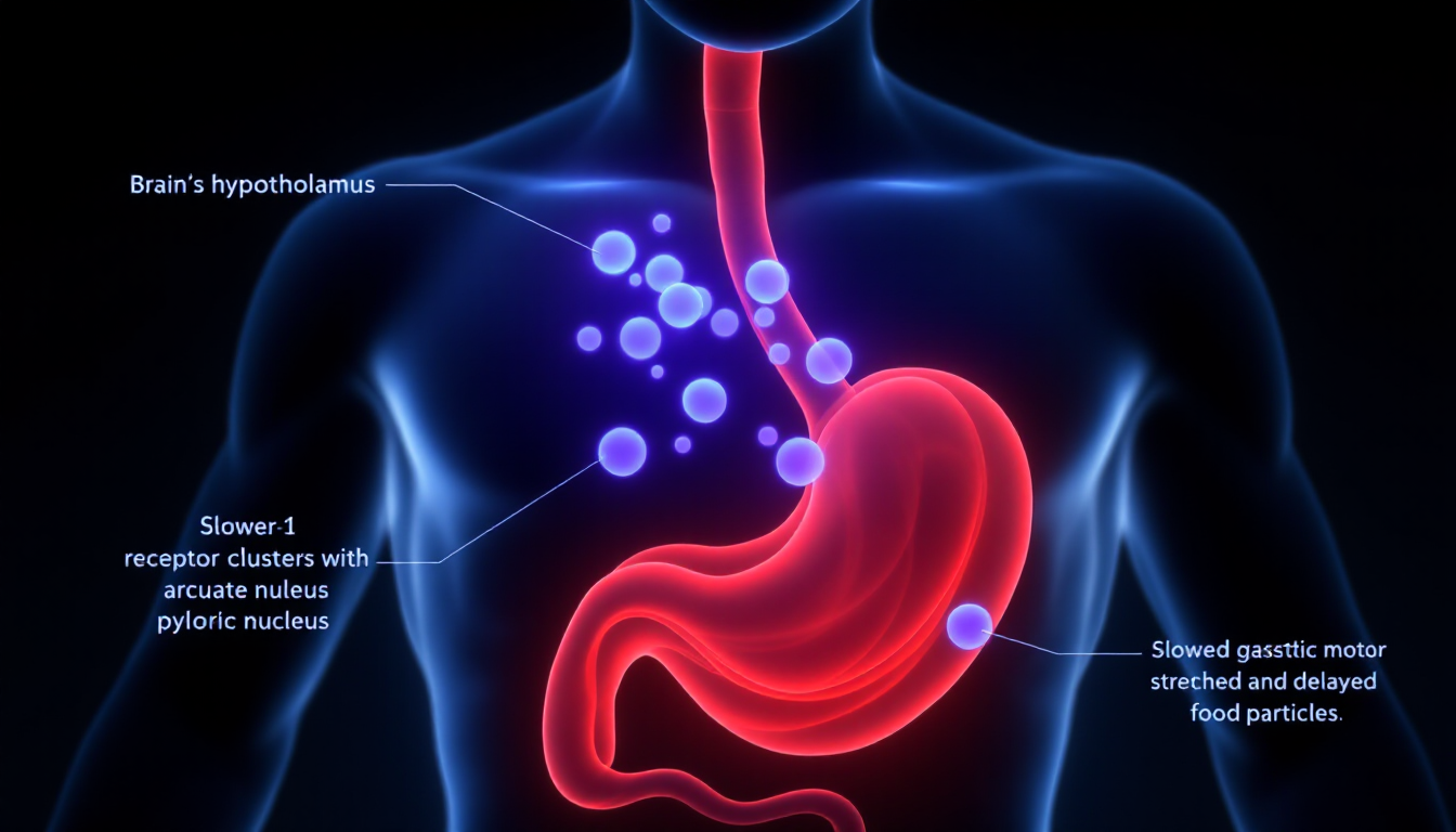 GLP-1 유사체 약물이 뇌와 위장에 작용하는 모습을 보여주는 과학적 인체 이미지