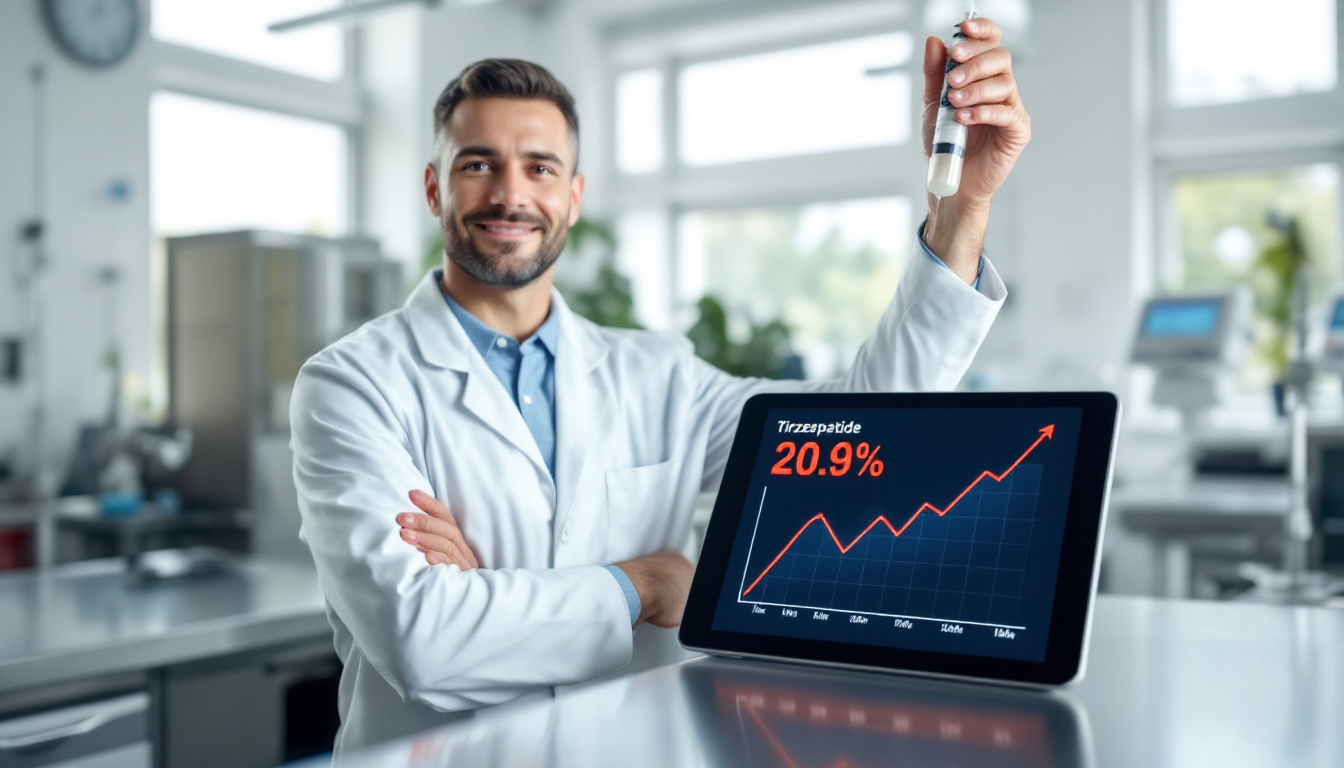 주사기와 디지털 체중 감량 그래프를 배경으로 한 성인의 실사 이미지