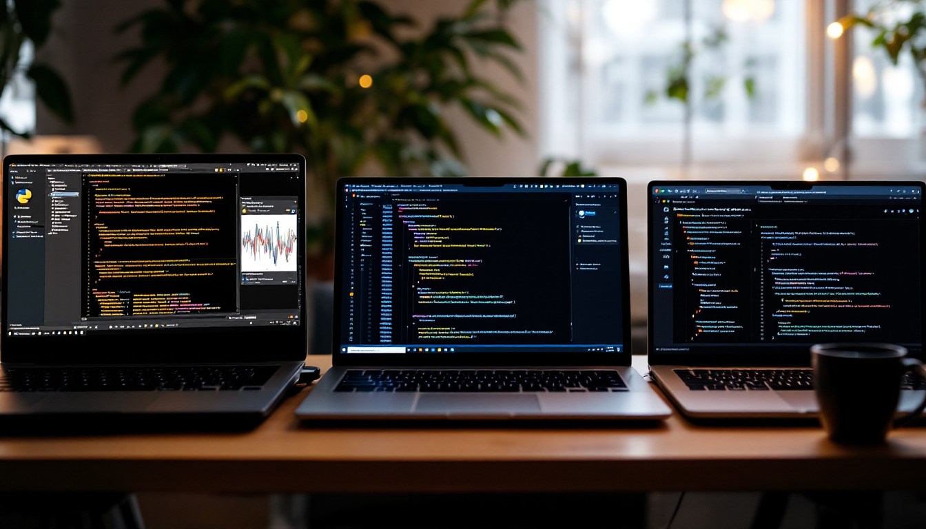 주피터 노트북, VS 코드, 파이참 등 2025년 인기있는 파이썬 개발 환경을 보여주는 이미지.