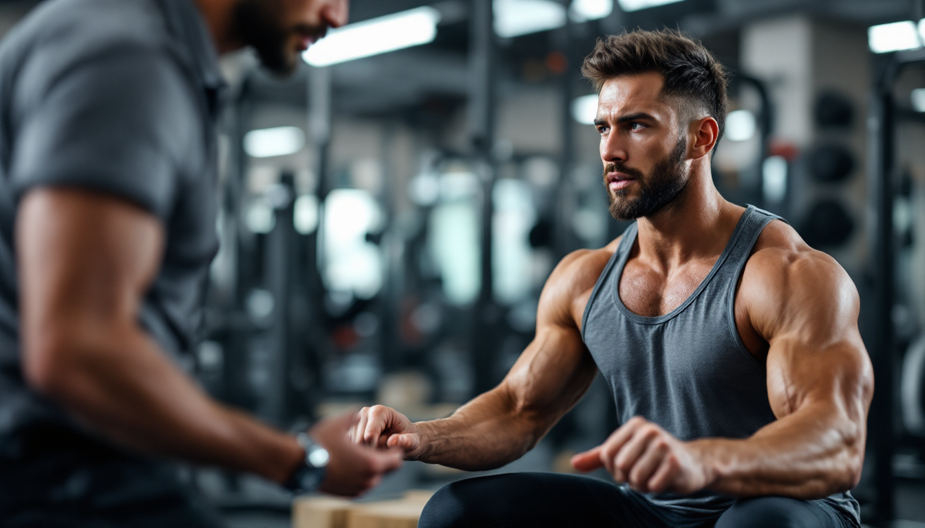 스쿼트 운동을 하는 사람과 근육 부위가 강조된 헬스장 사진