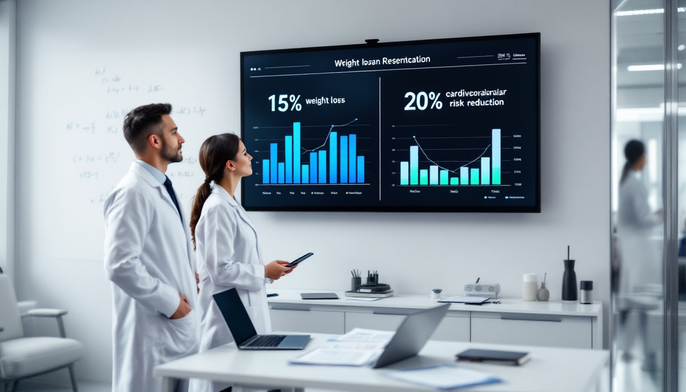 임상 연구 결과 체중 감량과 심혈관 질환 위험 감소를 강조하는 연구 현장 이미지