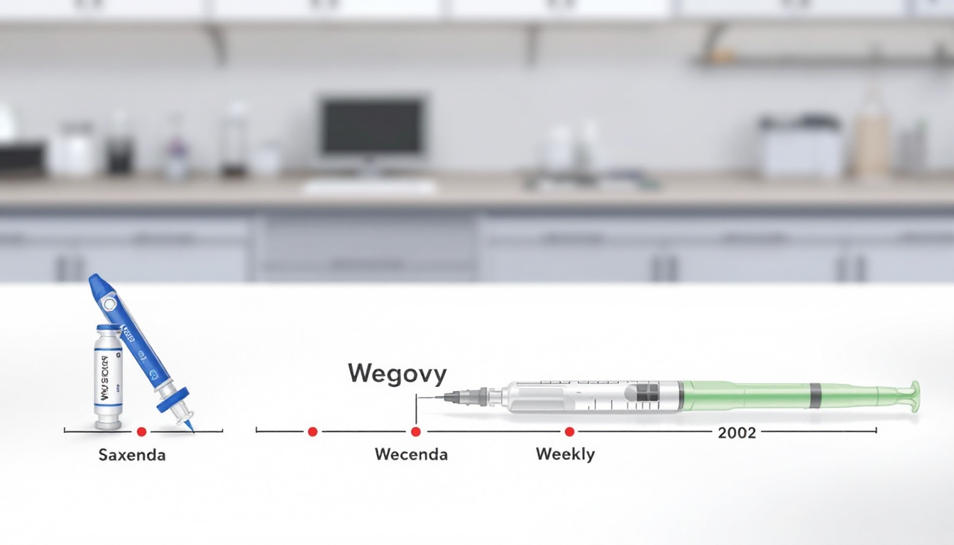 삭센다와 위고비 주사펜과 각각의 투여 방식 및 체중 감량 효과 차이를 보여주는 비교 이미지