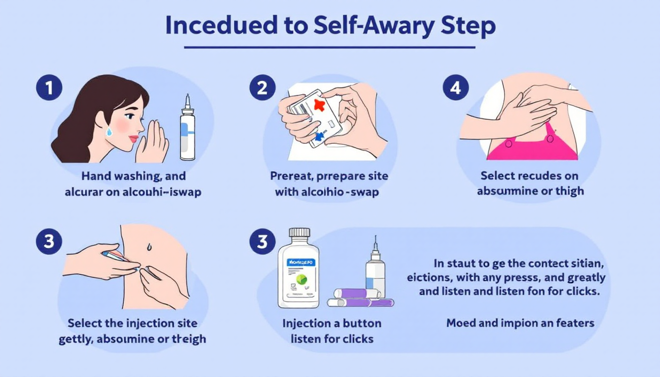 마운자로 주사 준비 및 자가 주사 과정을 단계별로 보여주는 이미지