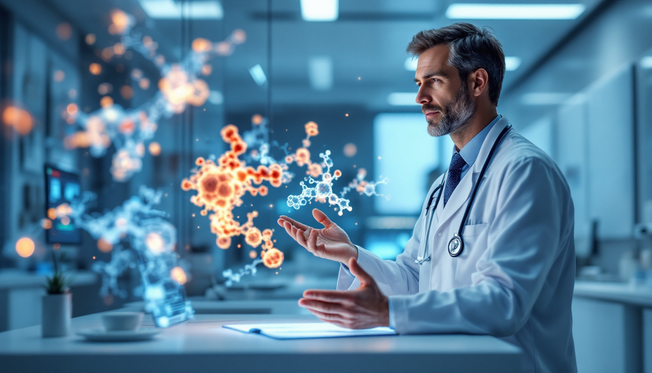 GLP 1과 GIP 수용체의 이중 작용을 설명하는 의사의 모습과 3D 분자 모델을 보여주는 의료 혁신 장면